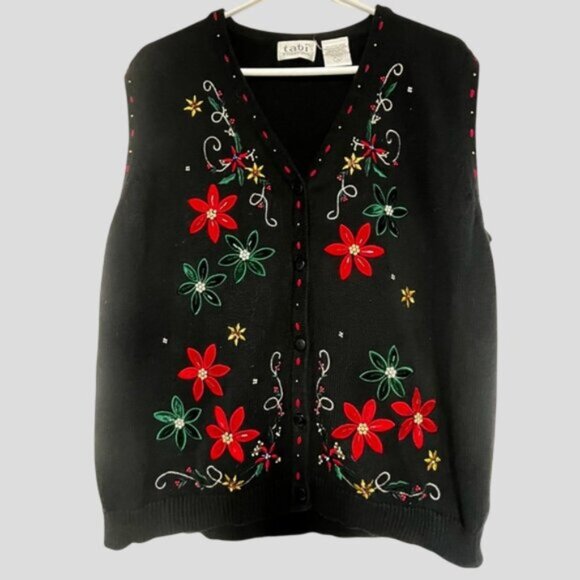 Vintage Tabi International Cotton Christmas Floral Embroidered/Beaded Vest - Picture 3 of 11